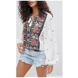 Free People Enter Loveland Embroidered Long Balloon Sleeve Boho Top Size Medium
